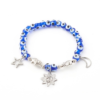 304 Stainless Steel Charm Bracelets, with Evil Eye Lampwork Beads and Alloy Beads, Flower & Star & Moon, Blue, Antique Silver, Inner Diameter: 2-1/4 inch(5.8cm)