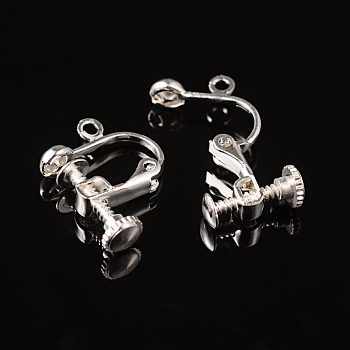 Brass Clip-on Earring Findingsfor non-pierced Ears, with Loop, Silver Color Plated, about 13.5mm wide, 17mm long, 5mm thick, Hole: about 1.2mm