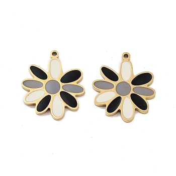 Ion Plating(IP) 316 Surgical Stainless Steel Pendants, Nickel Free, with Enamel, Flower Charm, Real 18K Gold Plated, Black, 17x15x1.5mm, Hole: 1mm