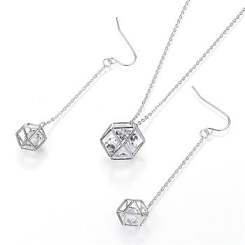 304 Stainless Steel Jewelry Sets, Earrings and Pendant Necklaces, Hexagon with Glass Rhinestone, Stainless Steel Color, 70mm, Pin: 0.8mm, 17.7 inch