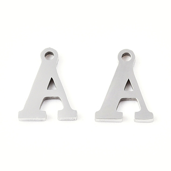 201 Stainless Steel Charms, Alphabet, Letter.A, 8.5x6.5x1mm, Hole: 1mm