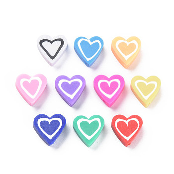 Handmade Polymer Clay Beads, Heart, Mixed Color, 8.5~9x8.5~10x4mm, Hole: 1.4~1.6mm