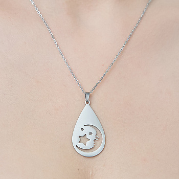 201 Stainless Steel Hollow Teardrop with Moon Pendant Necklace, Stainless Steel Color, 17.72 inch(45cm)