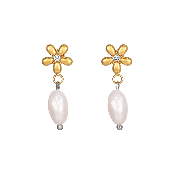 Stainless Steel Flower Earrings with Natural Pearls for Women