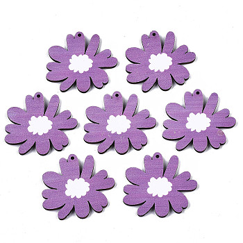 Printed Basswood Pendants, Back Random Color,  Flower, Purple, 34x37x3mm, Hole: 1.6mm