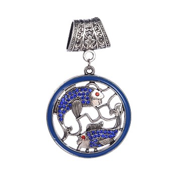Alloy Rhinestone Big Pendants, with Enamel, Flat Round with Fish, Blue, Antique Silver, 73mm, Hole: 6.5x13.5mm