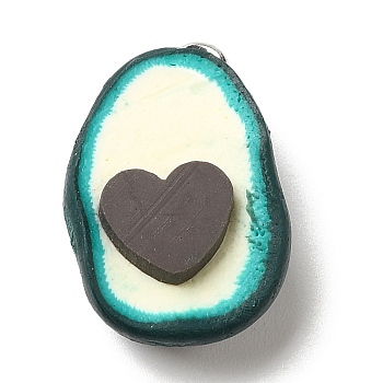 Opaque Resin Fruit Pendants, Avocado Charms with Platinum Tone Iron Loops, Heart, 22x15x8.5mm, Hole: 2mm