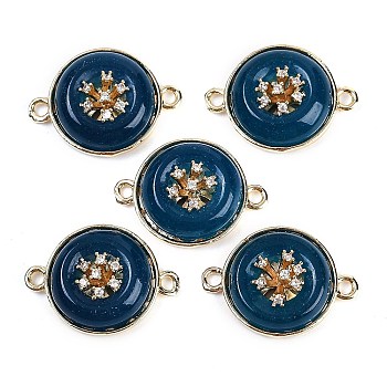 Dyed Natural White Jade Flat Round Links, Rack Plating Brass Clear Cubic Zirconia Connector Charms, Golden, Marine Blue, 14x19.5x5.5mm, Hole: 1.5mm