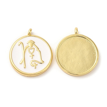 Eco-Friendly Brass Enamel Pendants, Lead Free & Cadmium Free, Real 18K Gold Plated, Flat Round Charm, White, 26x22x3mm, Hole: 2mm