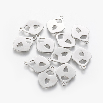 201 Stainless Steel Pendants, Heart Padlock, Stainless Steel Color, 16.5x12.5x0.5mm, Hole: 1.4mm