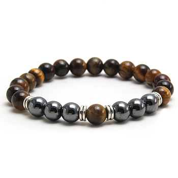 Round Natural Tiger Eye & Synthetic Non-magnetic Hematite Stretch Beaded Bracelet Men's Fashion Jewelry, 7-1/2 inch(19cm)