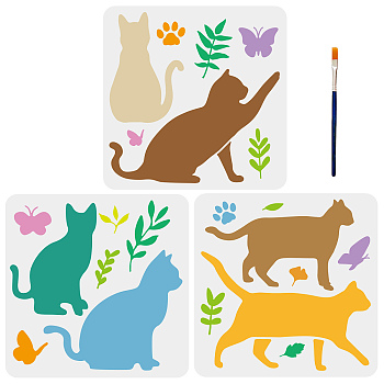 US 1 Set Floral PET Hollow Out Drawing Painting Stencils, with 1Pc Art Paint Brushes, for Acrylic Painting Watercolor Oil Gouache, Cat Pattern, Painting Stencils: 300x300mm, 3 styles, 1pc/style