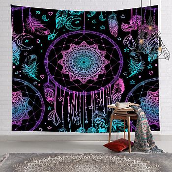 Woven Net/Web with Feather Tapestries, Polyester Bohemian Mandala Wall Hanging Tapestry, for Bedroom Living Room Decoration, Rectangle, Woven Net/Web with Feather, 1300x1500mm