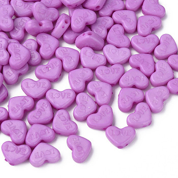 Opaque Acrylic Beads, Dyed, Heart with Word Love, Medium Orchid, 10x13.5x4.5mm, Hole: 1.8mm, about 2300pcs/500g
