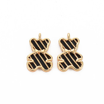 Brass Enamel Charms, Real 18K Gold Plated, Nickel Free, Bear with Stripe, Black, 13x8x2.5mm, Hole: 1mm
