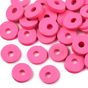 Handmade Polymer Clay Beads, for DIY Jewelry Crafts Supplies, Disc/Flat Round, Heishi Beads, Fuchsia, 6x1mm, Hole: 2mm, about 1175pcs/50g