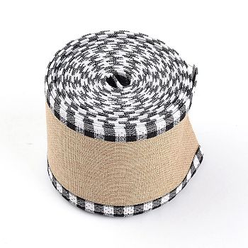 Polyester & Hemp Ribbon, Flat with Tartan Pattern, Black, 65x0.5mm, 6m/roll