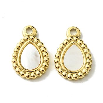 Ion Plating(IP) 304 Stainless Steel Pave Shell Teardrop Charms, Real 14K Gold Plated, 15x10x2mm, Hole: 1.6mm