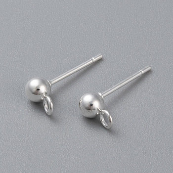 304 Stainless Steel Stud Earring Findings, with Loop, Round, Silver, 17x5mm, Hole: 2mm, Pin: 0.8mm