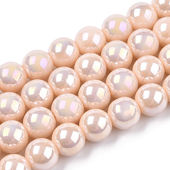 Electroplate Opaque Glass Beads Strands, AB Color Plated, Round, PeachPuff, 8~8.5mm, Hole: 1.5mm, about 51~53pcs/strand, 14.96 inch~15.55 inch(38~39.7cm)