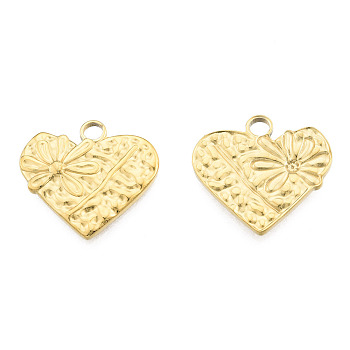 Ion Plating(IP) 201 Stainless Steel Pendants, Heart with Flower, Real 18K Gold Plated, 18.5x20x2mm, Hole: 2.5mm