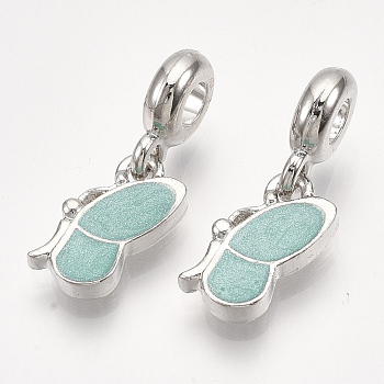 Sparkling Alloy European Dangle Charms, with Enamel, Large Hole Pendants, Butterfly, Platinum, Turquoise, 25mm, Hole: 4mm