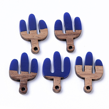 Resin & Walnut Wood Pendants, Cactus, Medium Blue, 25x16.5x3mm, Hole: 2mm
