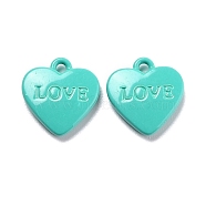 Heart Alloy Spray Painted Charms, Word LOVE, Medium Turquoise, 12x11.5x2.5mm, Hole: 1.4mm(PALLOY-B005-01D)