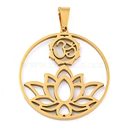 304 Stainless Steel Pendants, Laser Cut, Ring with Lotus & Ohm/Aum Sign Charm, Real 18K Gold Plated, 27x25x1.5mm, Hole: 6x3mm(STAS-Z076-18G)