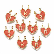 Alloy Enamel Charms, Cadmium Free & Lead Free, Heart with Initial Letters, Light Gold, Orange Red, Letter.R, 14.5x11.5x4.5mm, Hole: 2mm(ENAM-T012-02R-RS)