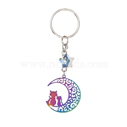 Stainless Steel Hollow Moon Cat Keychains, with Iron Keychain Ring and Star Glass Pendant, Rainbow Color, 8.7cm(KEYC-JKC00585-03)