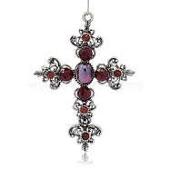 Antique Silver Alloy Latin Cross Pendants, with Resin Rhinestone, Dark Red, 74x53x8mm, Hole: 3mm(PALLOY-J161-02AS)