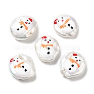 Baroque Style Natural Keshi Pearl Beads, Christmas Theme Beads with Enamel, Flat Round, Seashell Color, Snowman, 17~20x15~17x4~7mm, Hole: 0.7mm(PEAR-G013-01D)