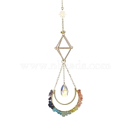 Wire Wrapped Gemstone Chip & Brass Moon Pendant Decorations, Glass Teardrop and Brass Empty Stone Holder Pouch Charm, 300mm, Hole: 8mm(HJEW-TA00100)