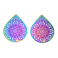 Ion Plating(IP) 201 Stainless Steel Filigree Pendants, Etched Metal Embellishments, Drop, Rainbow Color, 48.5x38.5x0.2mm, Hole: 1mm(X-STAS-S118-066)