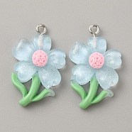 Translucent Resin Pendants, Glitter Flower Charms with Platinum Plated Iron Loops, Light Blue, 30x19x5.5mm, Hole: 1.5mm(RESI-TAC0004-32P-02)