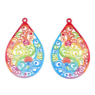 Spray Painted 430 Stainless Steel Filigree Pendants, Teardrop, Colorful, 45x28.5x0.5mm, Hole: 2mm(STAS-TAC0004-57D)