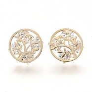 Brass Stud Earrings Findings, with Loop, with Cubic Zirconia, Nickel Free, Flat Round with Tree of Life, Clear, Real 18K Gold Plated, 13x4mm, Hole: 2mm, Pin: 0.8mm(KK-P153-26G-NF)