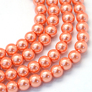 Baking Painted Pearlized Glass Pearl Round Bead Strands, Coral, 8~9mm, Hole: 1mm, about 100~105pcs/strand, 31.4 inch(HY-Q330-8mm-77)