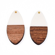 Opaque Resin & Walnut Wood Pendants, Teardrop Shape Charm, White, 38x18x3mm, Hole: 2mm(RESI-N025-032-B05)