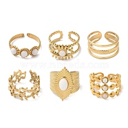 6Pcs 6 Style Butterfly & Horse Eye & Multi Lines 304 Stainless Steel Open Cuff Rings Set, Natural White Jade Stackable Rings, Real 18K Gold Plated, Inner Diameter: 17~18mm, 1Pc/style(RJEW-P092-02G-M)