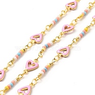 Brass Enamel Heart Link Chains, with Glass Seed Beaded, Real 18K Gold Plated, Soldered, with Spools , Pink, 11x7x1.7mm(CHC-C003-04G)