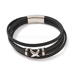 Braided Microfiber Leather Multi-strand Bracelets, Viking 304 Stainless Steel Cross Bracelets for Men, Stainless Steel Color, 8-5/8x7/8 inch(22x2.1cm)(BJEW-B096-29P)