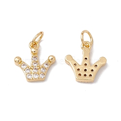 Rack Plating Brass Micro Pave Clear Cubic Zirconia Charms, with Jump Ring, Cadmium Free & Nickel Free & Lead Free, Crown, Real 18K Gold Plated, 11.5x11x2.5mm, Jump Ring: 5x0.7mm, Inner Diameter: 3.6mm(ZIRC-C040-34G)