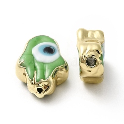 Handmade Evil Eye Lampwork Beads, with Golden Plated  Brass Edge, Long-Lasting Plated, Hamsa Hand, Lime Green, 15~17x11.5~12.5x5~5.5mm, Hole: 1.8mm(LAMP-F026-03A)