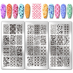 Stainless Steel DIY Nail Art Templates, Template Tool, Rectangle, Floral, 12x6cm, 3pcs/set(MRMJ-WH0092-103)