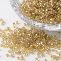 12/0 Silver Lined Round Glass Seed Beads, Goldenrod, 2~3x1.5~2mm, Hole: 0.8~1mm, about 37500pcs/pound(SEED-K003-2mm-M07-03)