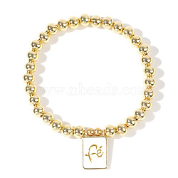 Personality Brass Round Bead Beaded Stretch Bracelets, with Rectangle Brass Enamel Charms for Women, Word, 6-7/8 inch(17.5cm)(ST0339-1)