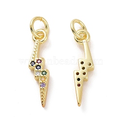 Brass Micro Pave Colorful Cubic Zirconia Pendants, with Jump Ring, Lightning Charms, Real 18K Gold Plated, 18x4.5x2.4mm, Hole: 3.2mm(KK-E068-VF153)