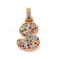 Brass Micro Pave Cubic Zirconia Pendants, Real 18K Gold Plated, Colorful, Letter S, 18.5~24x12.5~25.5x5~5.5mm, Hole: 5x3mm(KK-C076-29S-G02)